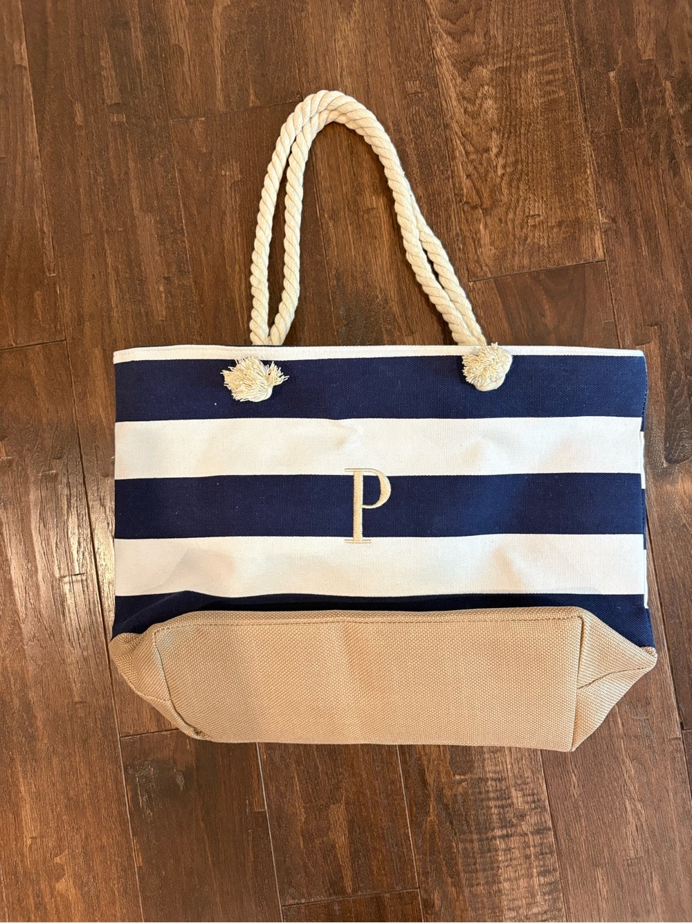 Striped Navy & White Canvas Tote with Tan Base and Rope Handles
